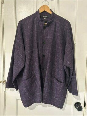 Eskandar Wool Cashmere Purple Plaid Mandarin Collar Shirt Jacket England Made